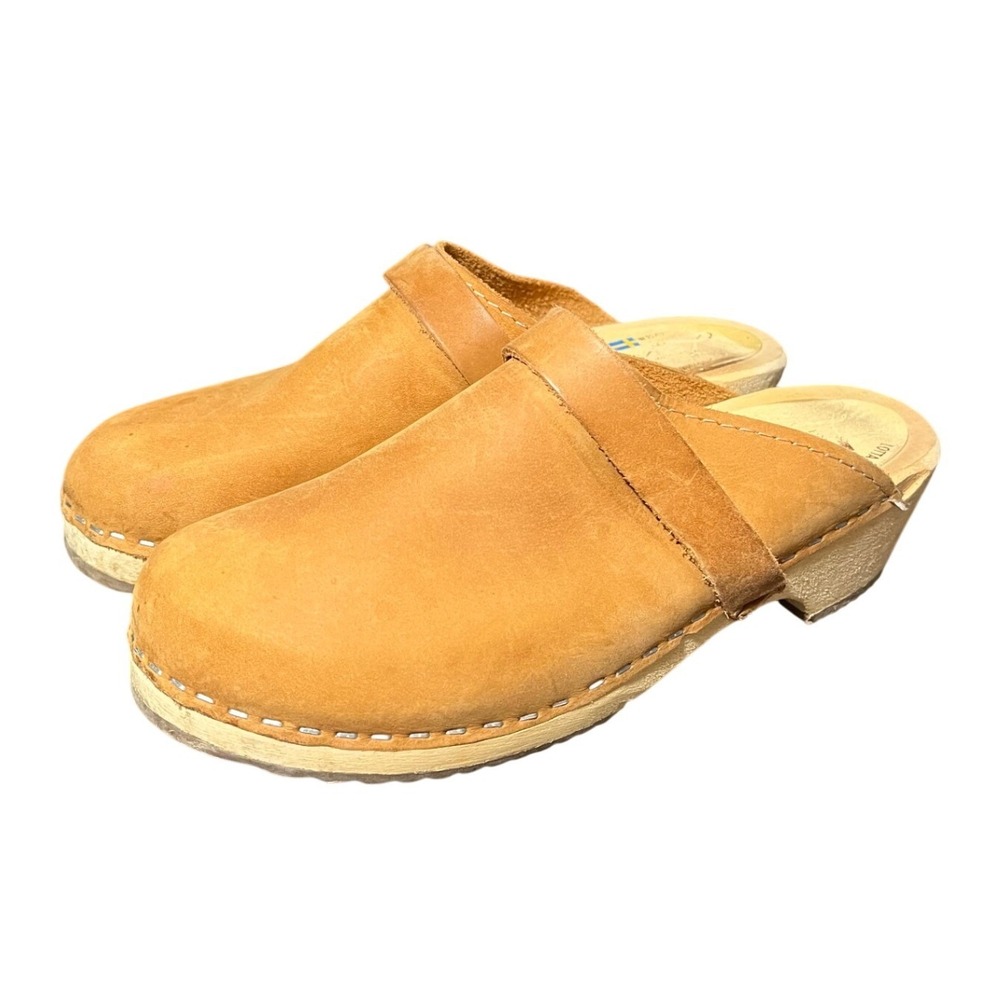 Lotta From Stockholm Clogs Women 37 US 6.5 Tan Leather Wooden Sole Slip On Mules